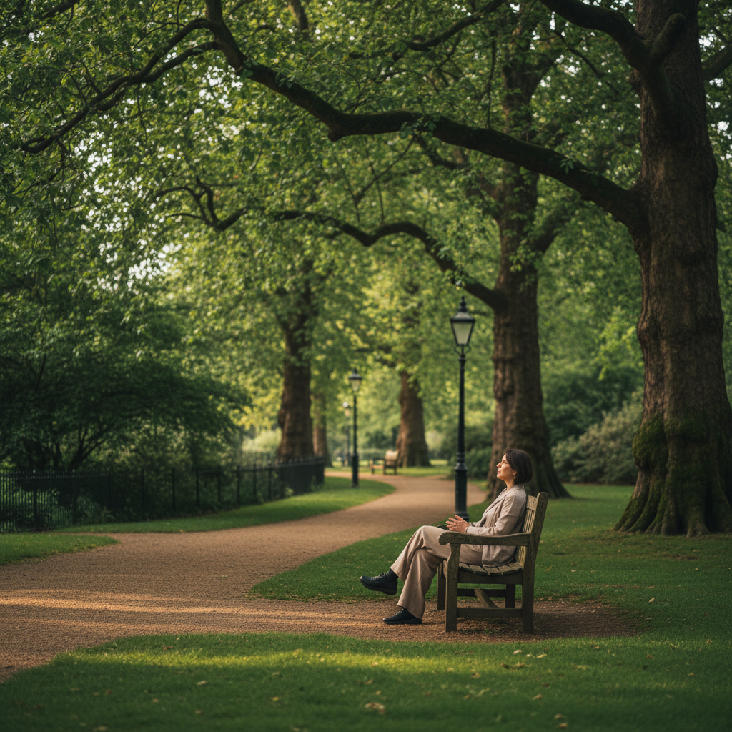 A peaceful London outdoor space — a person sitting quietly on a bench in a green park, surrounded by mature trees and soft natural light