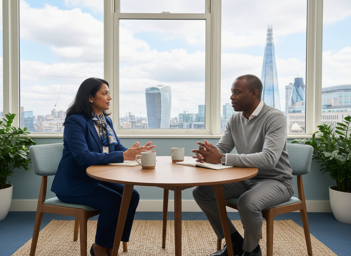A professional in their mid-40s, London public sector worker, sitting across from a clinician or coach in a calm, light-filled office setting.